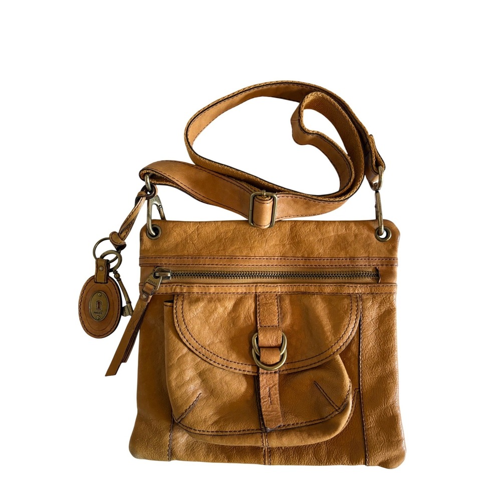 Fossil Long Live Vintage Tan Leather Crossbody Bag Messenger Purse Camel Brown‎